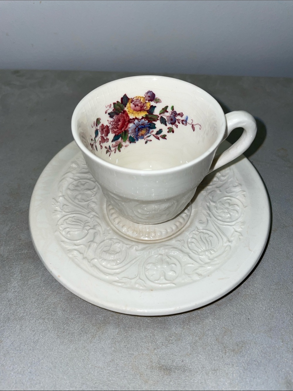 Wedgwood England Swansea Patrician Demitasse Textured Floral Cup & Saucer Pair